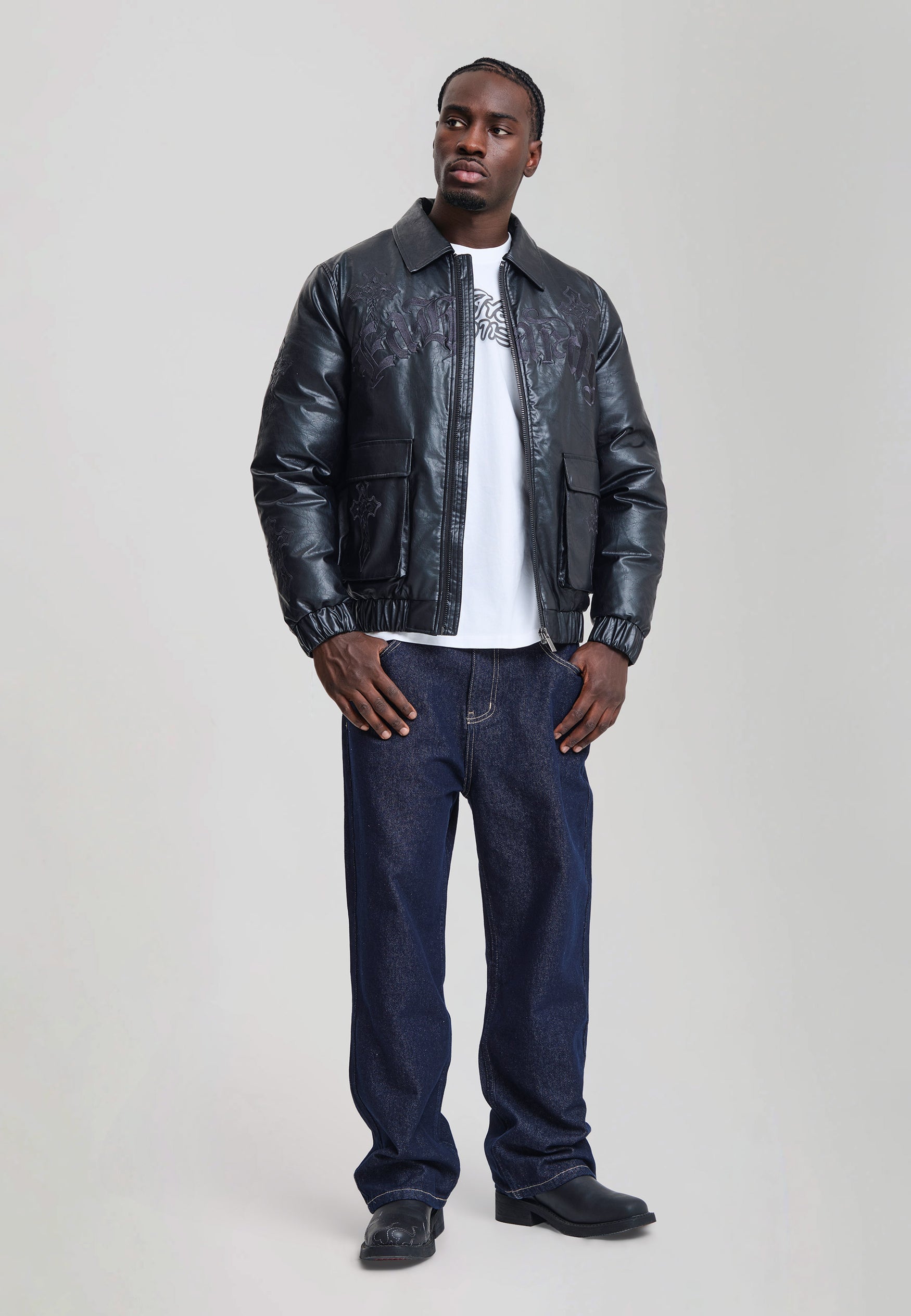 EH HARDY Jeans Baggy Con Patch Ragnatela e Stampa Retro Lavaggio Denim Blu Scuro