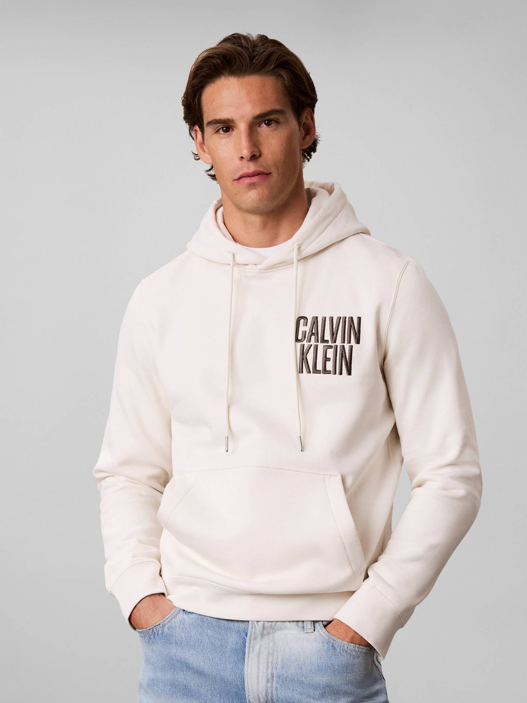 CALVIN KLEIN Felpa Con Cappuccio Misto Cotone Logata Avorio 26/27