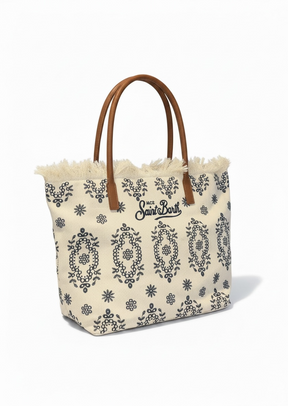 SAINT BARTH Borsa City regular in Sangallo con Frange Bianca Dettagli e Logo Ricamati Blu