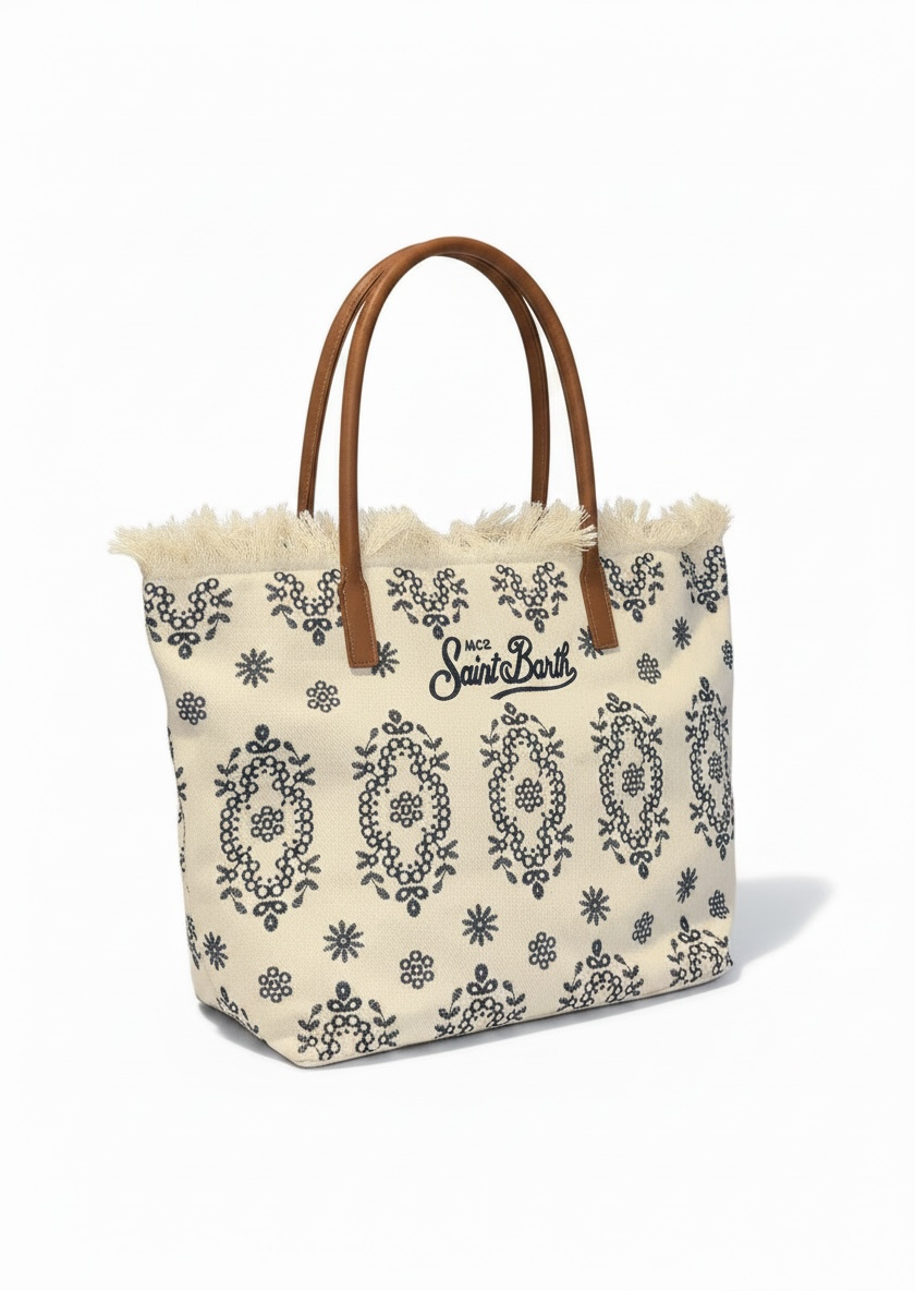 SAINT BARTH Borsa City regular in Sangallo con Frange Bianca Dettagli e Logo Ricamati Blu