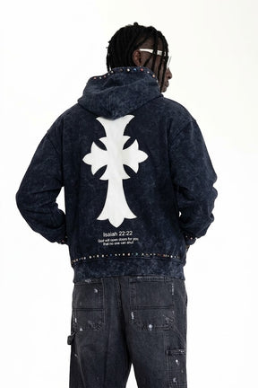 BLACK ISLAND Felpa Con Zip e Cappuccio Con Stampa Croce Fronte e Retro Con Borchie e Strass Stone Wash Nera