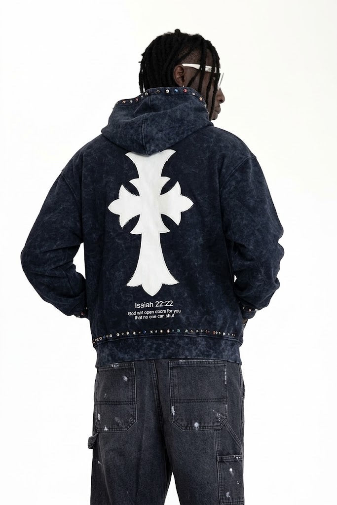 BLACK ISLAND Felpa Con Zip e Cappuccio Con Stampa Croce Fronte e Retro Con Borchie e Strass Stone Wash Nera