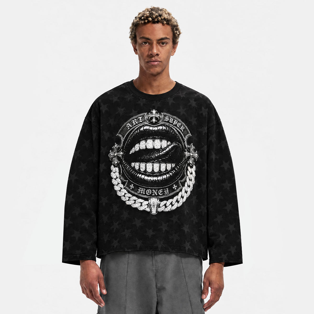 ART SUPER MONEY Long Sleeve Deep Gothic Con Stampa e Strass Fronte Retro Con Stampa Star Nera