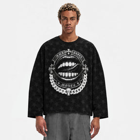 ART SUPER MONEY Long Sleeve Deep Gothic Con Stampa e Strass Fronte Retro Con Stampa Star Nera