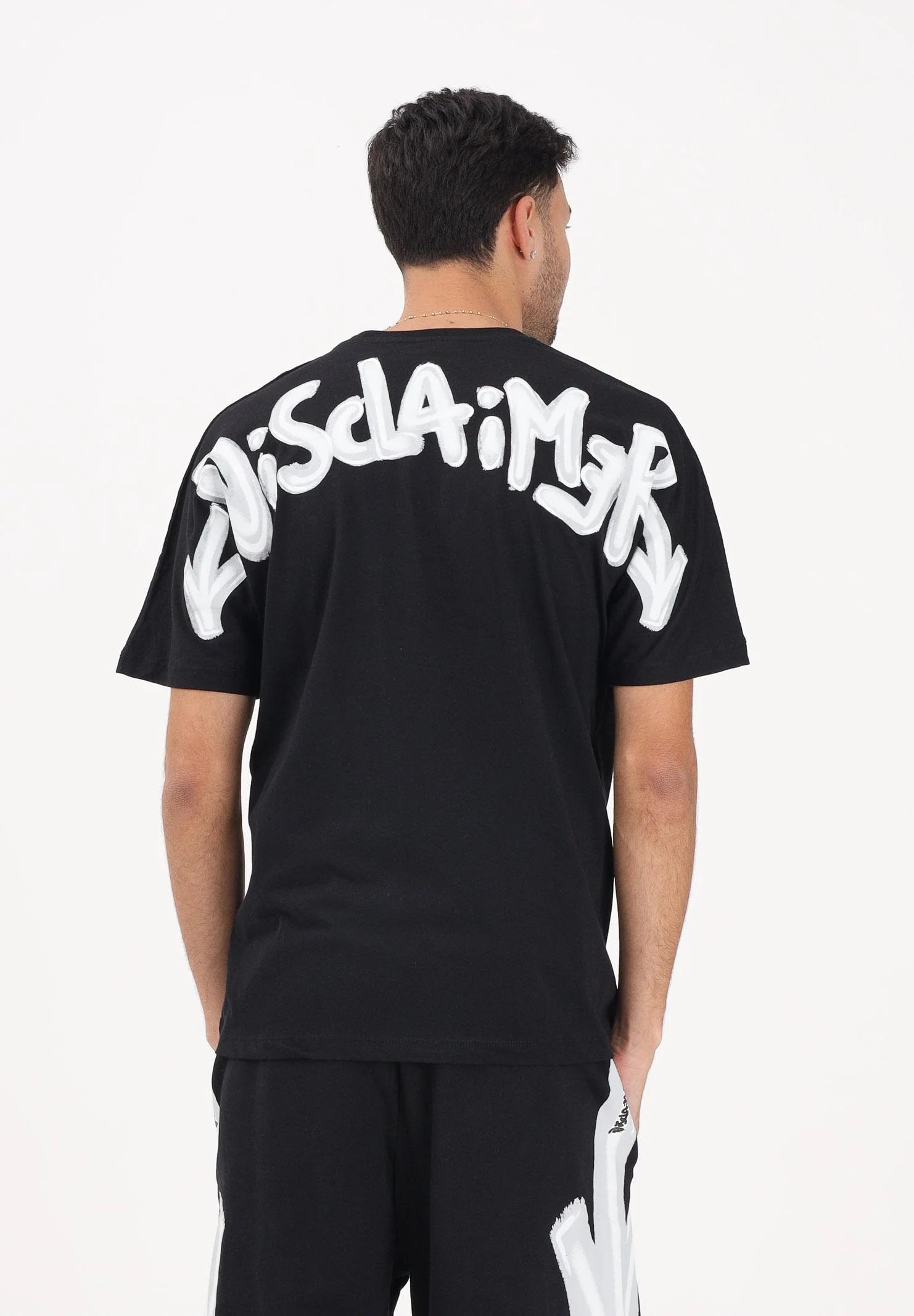 DISCLAIMER T-Shirt Con Logo Frontale e Stampa Retro Nera/Bianca