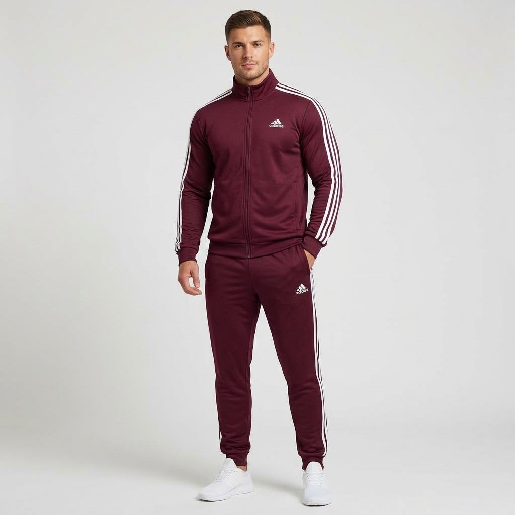 ADIDAS Tuta Completa Acetata Con Zip Senza Cappuccio Bordeaux Con Bande Laterali Bianche