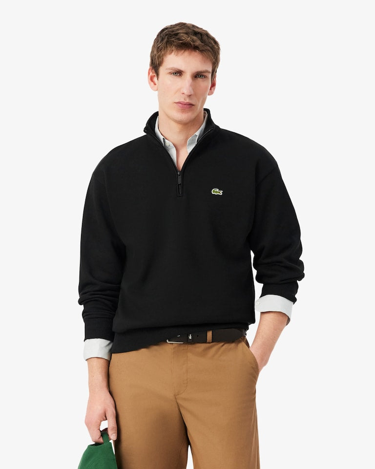 LACOSTE Felpa In Tessuto Felpato Collo Alto Mezza Zip Nera