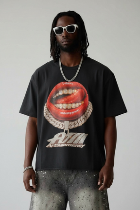 ART SUPER MONEY T-Shirt Grillz Con Stampa Fronte e Retro Con Brillantini Nera