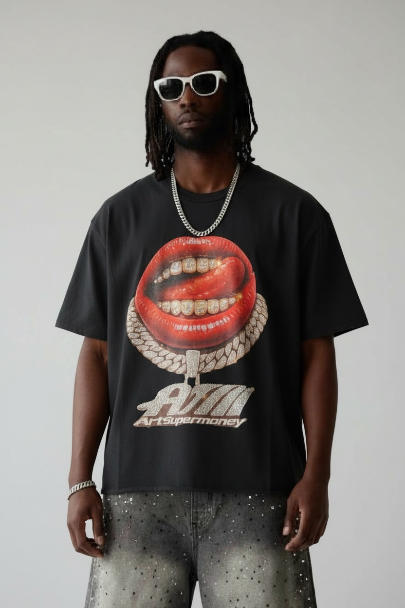ART SUPER MONEY T-Shirt Grillz Con Stampa Fronte e Retro Con Brillantini Nera