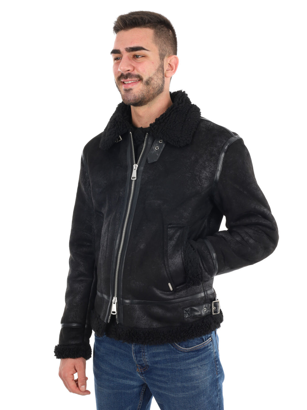 GIANNI LUPO Giacca In Ecopelle Con Pelliccia Sul Collo Nera