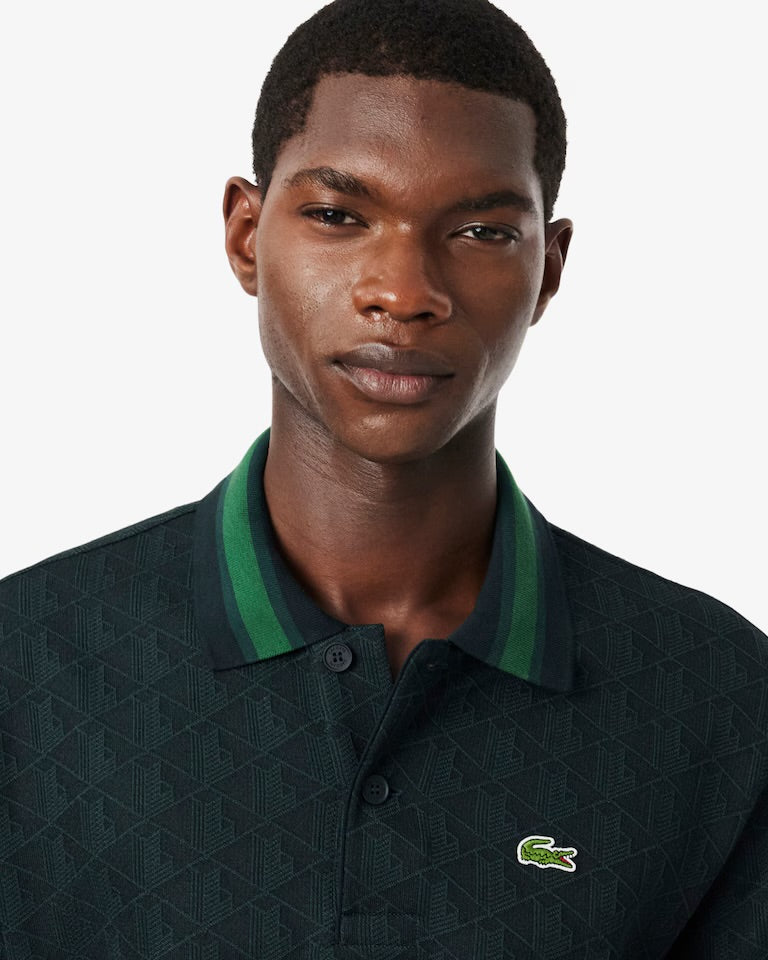 LACOSTE Polo Linea Monogram in Tessuto Jacquard Verde Scuro/Verde
