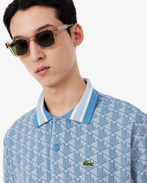 LACOSTE Polo Linea Monogram in Tessuto Jacquard Azzurra