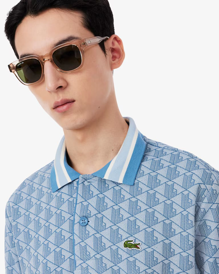 LACOSTE Polo Linea Monogram in Tessuto Jacquard Azzurra