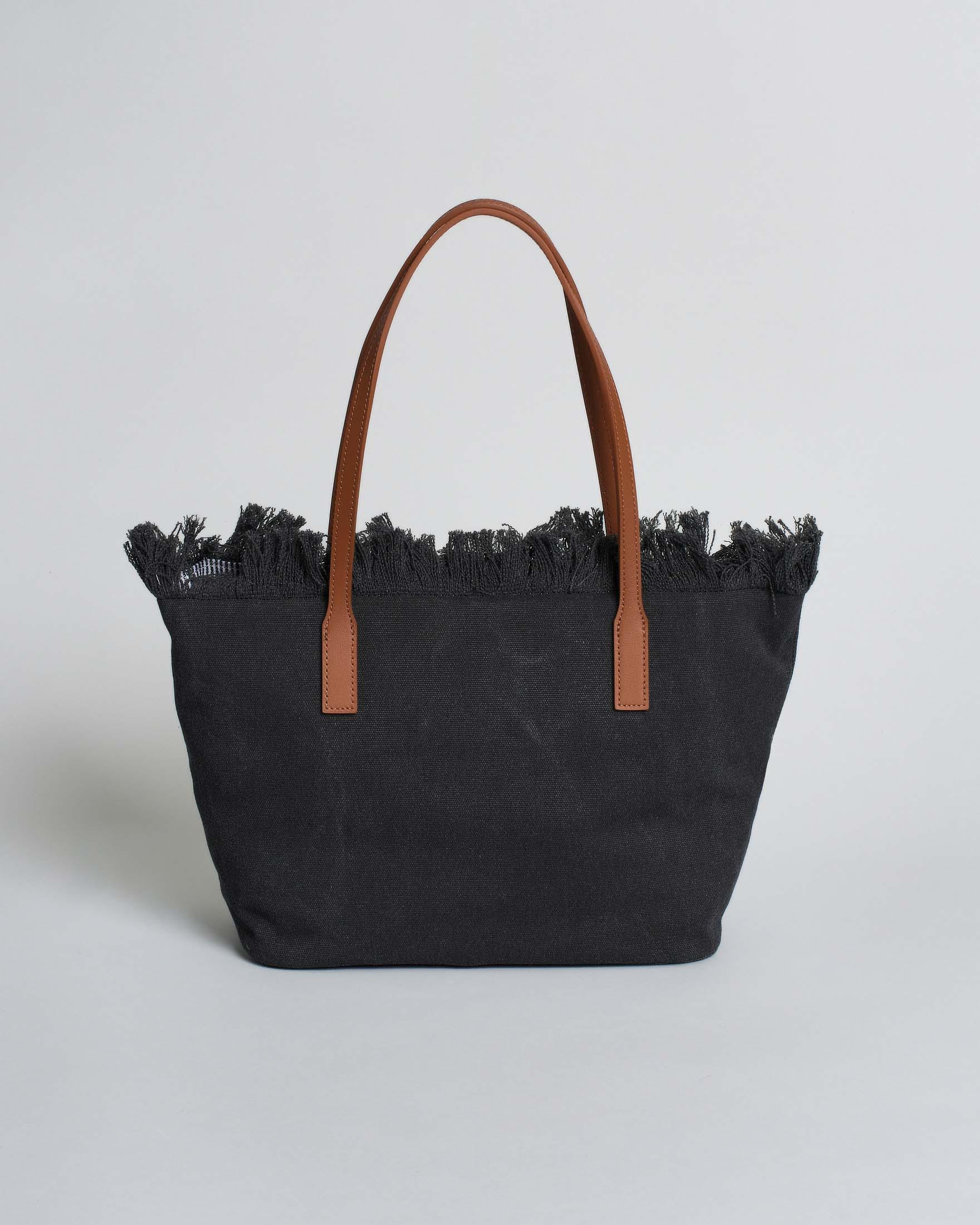 SAINT BARTH Borsa City Medium in cotone Nera con chiusura a zip e frange