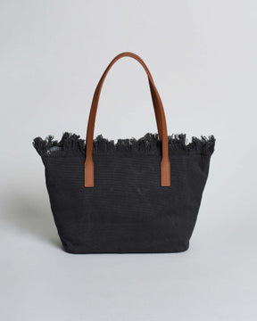 SAINT BARTH Borsa City Medium in cotone Nera con chiusura a zip e frange