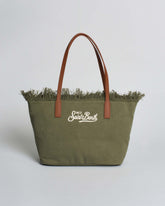 SAINT BARTH Borsa City Medium in cotone Verde Militare con chiusura a zip e frange