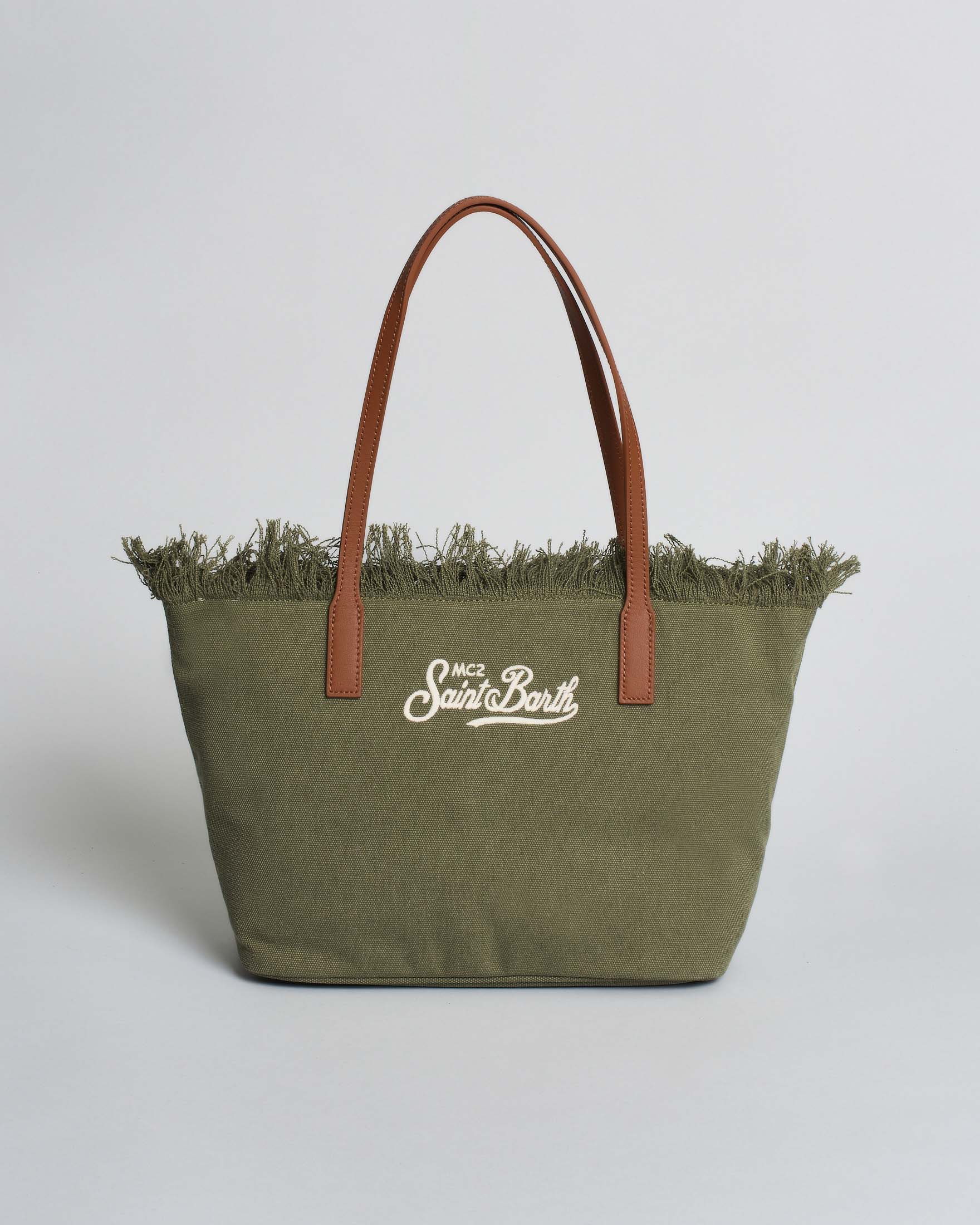 SAINT BARTH Borsa City Medium in cotone Verde Militare con chiusura a zip e frange