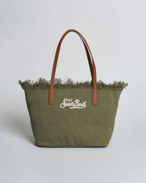 SAINT BARTH Borsa City Medium in cotone Verde Militare con chiusura a zip e frange