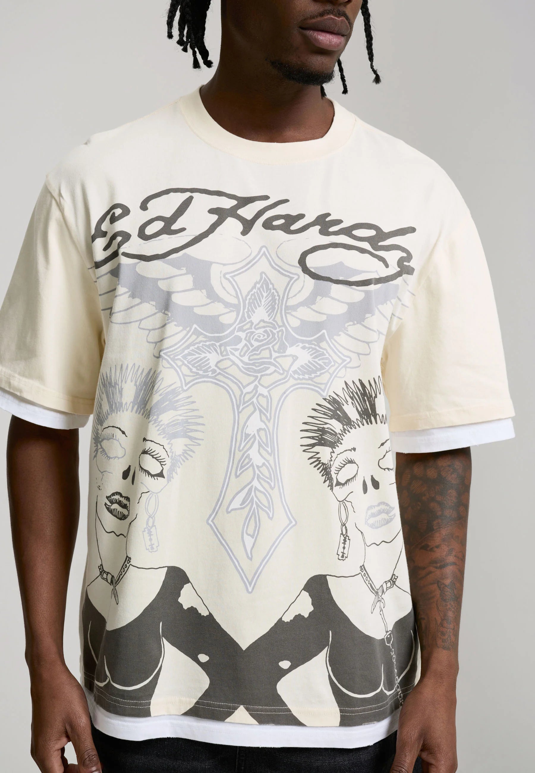 ED HARDY T-Shirt Con Stampa Frontale Panna/Nero
