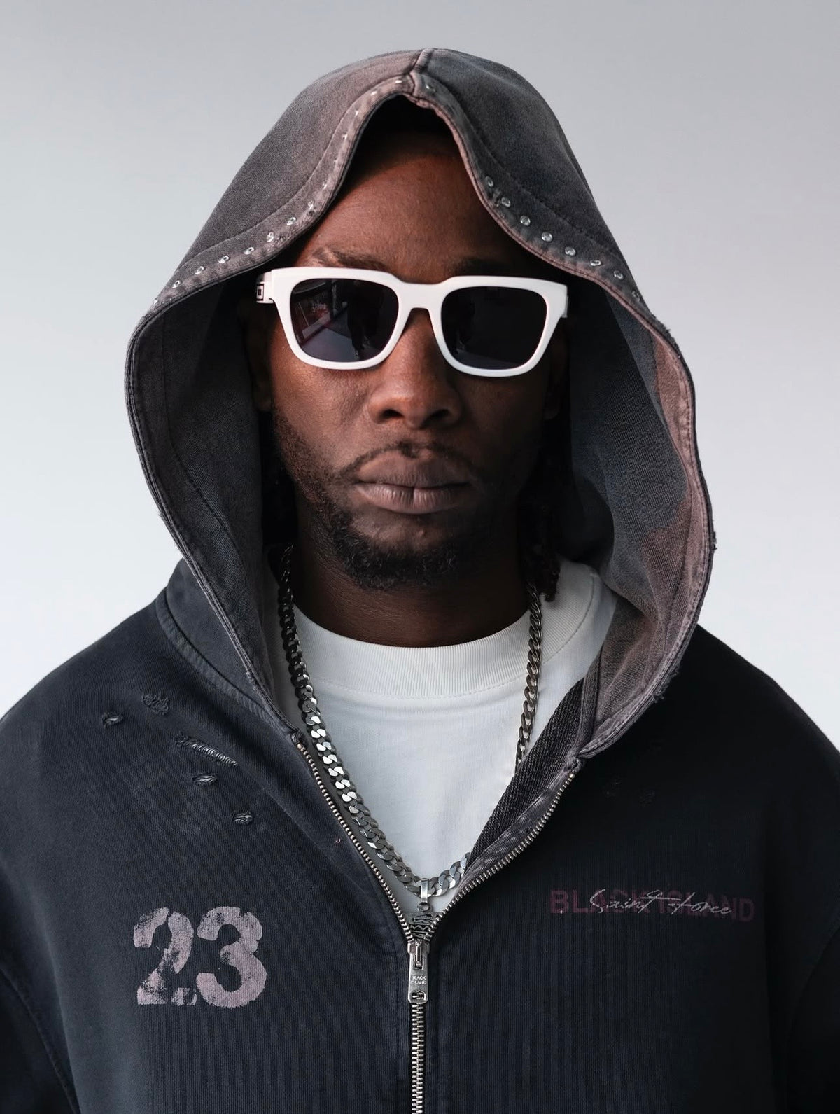 BLACK ISLAND Felpa Con Zip In Cotone Sfumata Con Stampa Retro Grigio Scuro