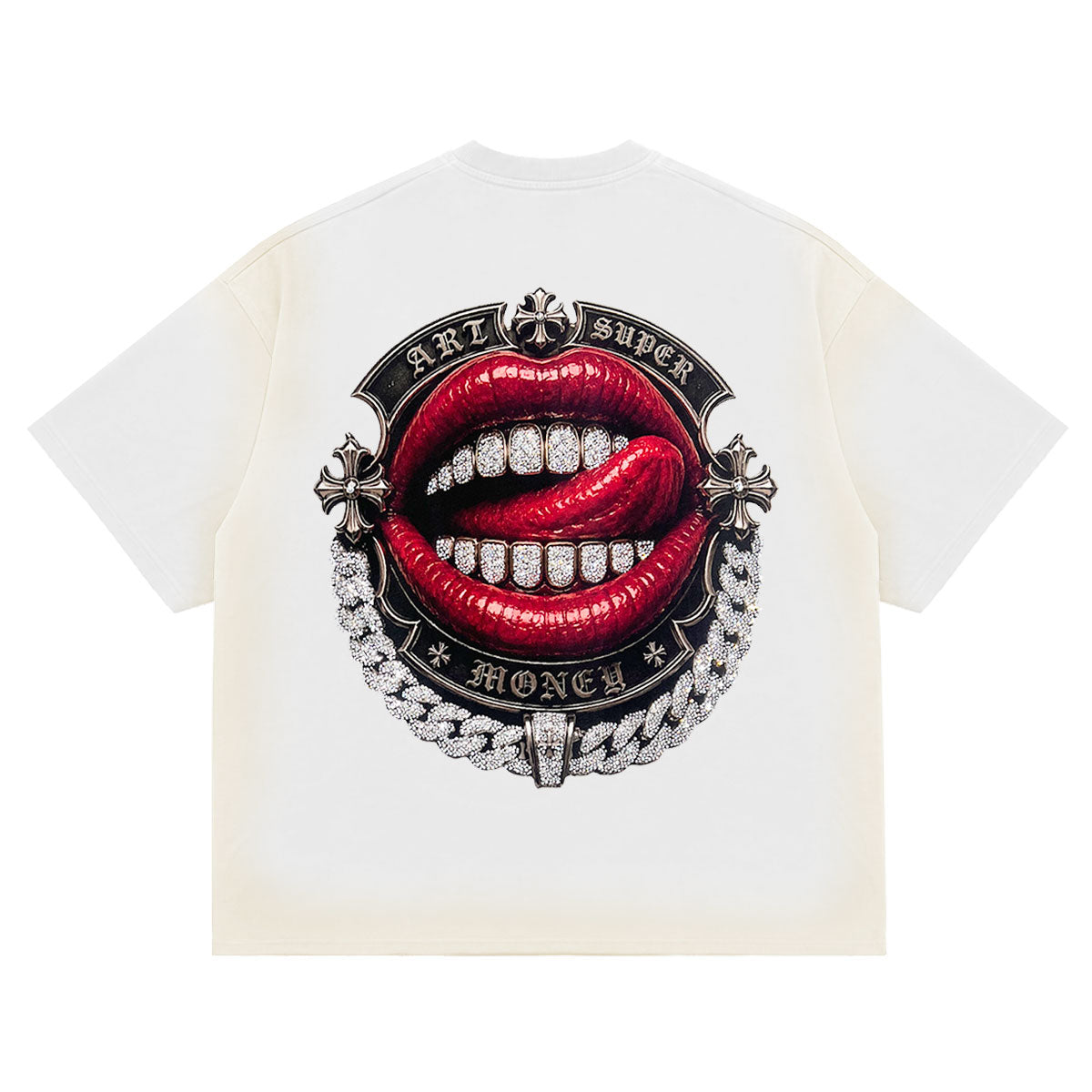 ART SUPER MONEY T-Shirt T-BAR Con Stampa e Strass Retro Bianca