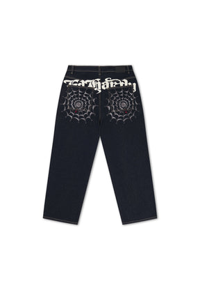 EH HARDY Jeans Baggy Con Patch Ragnatela e Stampa Retro Lavaggio Denim Blu Scuro