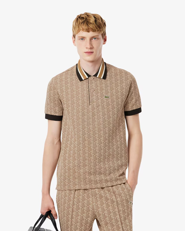 LACOSTE Polo Linea Monogram in Tessuto Jacquard Beige