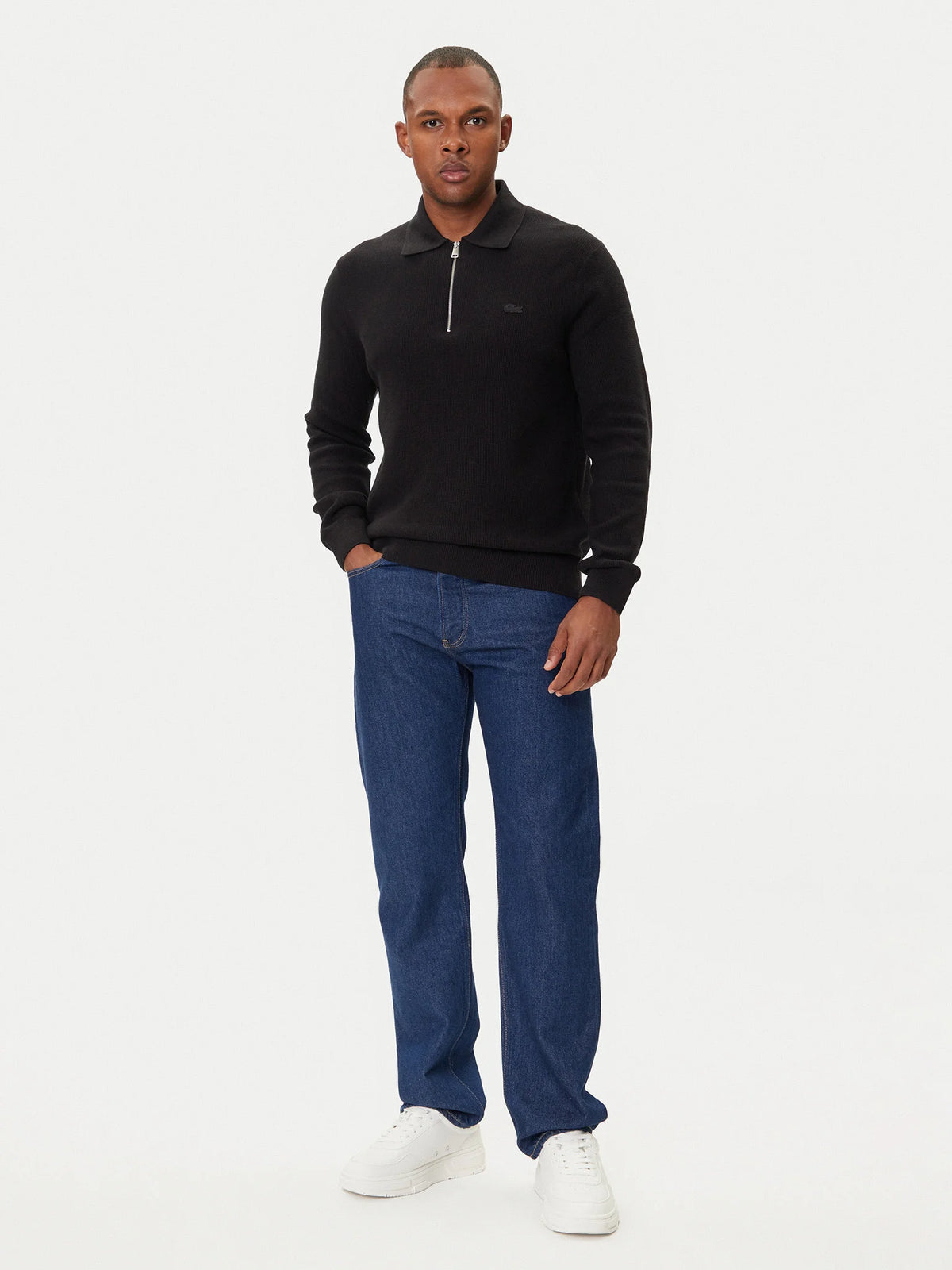 LACOSTE Maglioncino Collo Polo Mezza Zip Misto Lana/Cotone Piqué Logo Tono Su Tono Nero