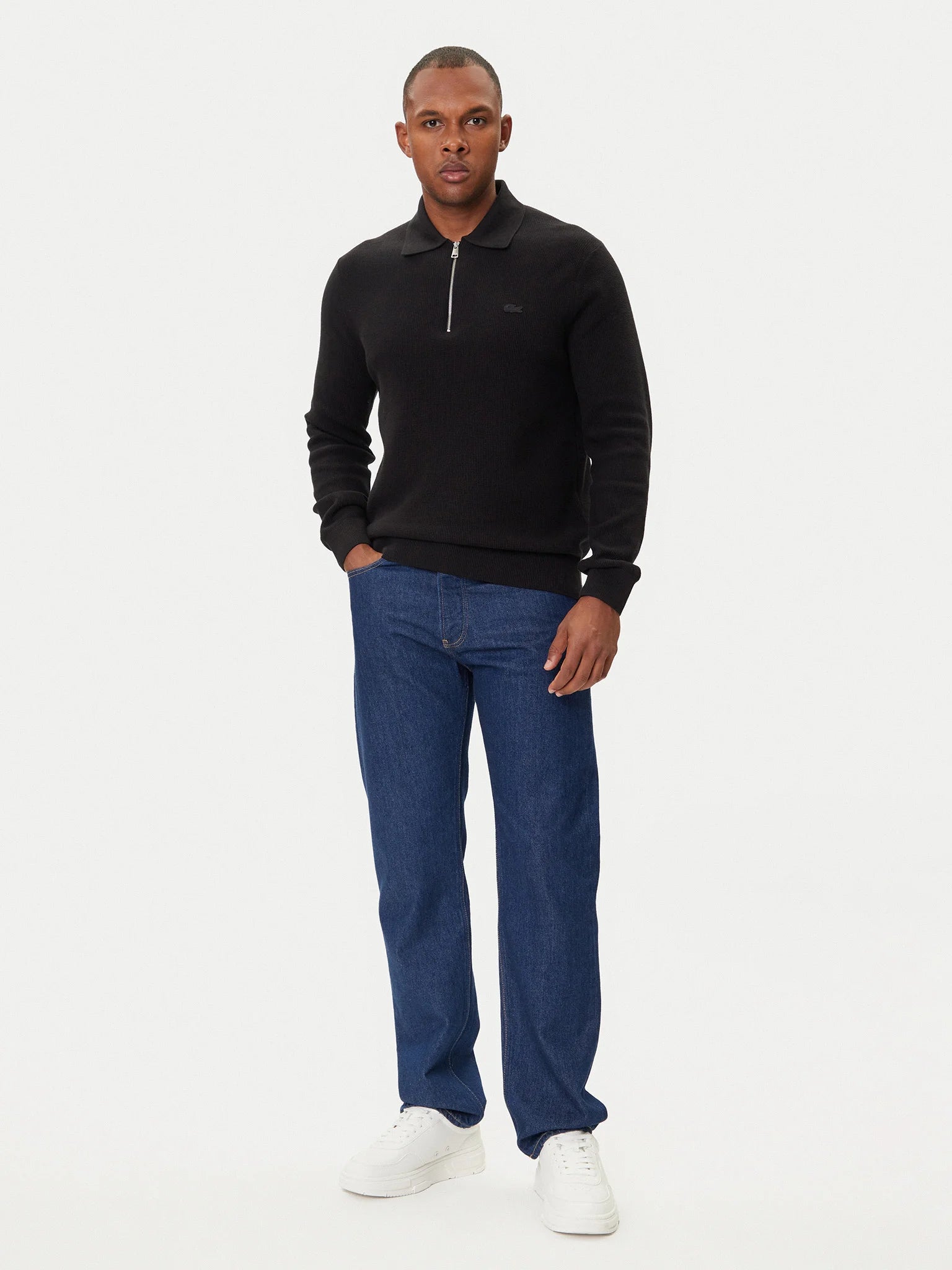 LACOSTE Maglioncino Collo Polo Mezza Zip Misto Lana/Cotone Piqué Logo Tono Su Tono Nero