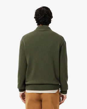 LACOSTE Maglioncino Mezza Zip Basic in 100% Lana Cardata Verde Militare