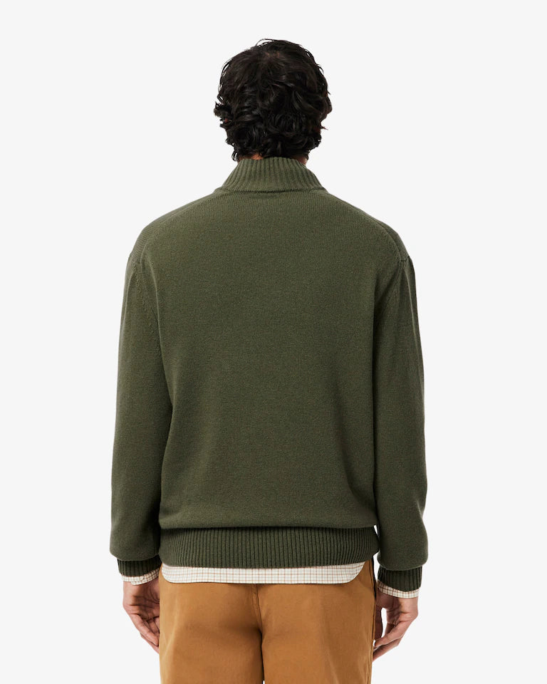 LACOSTE Maglioncino Mezza Zip Basic in 100% Lana Cardata Verde Militare