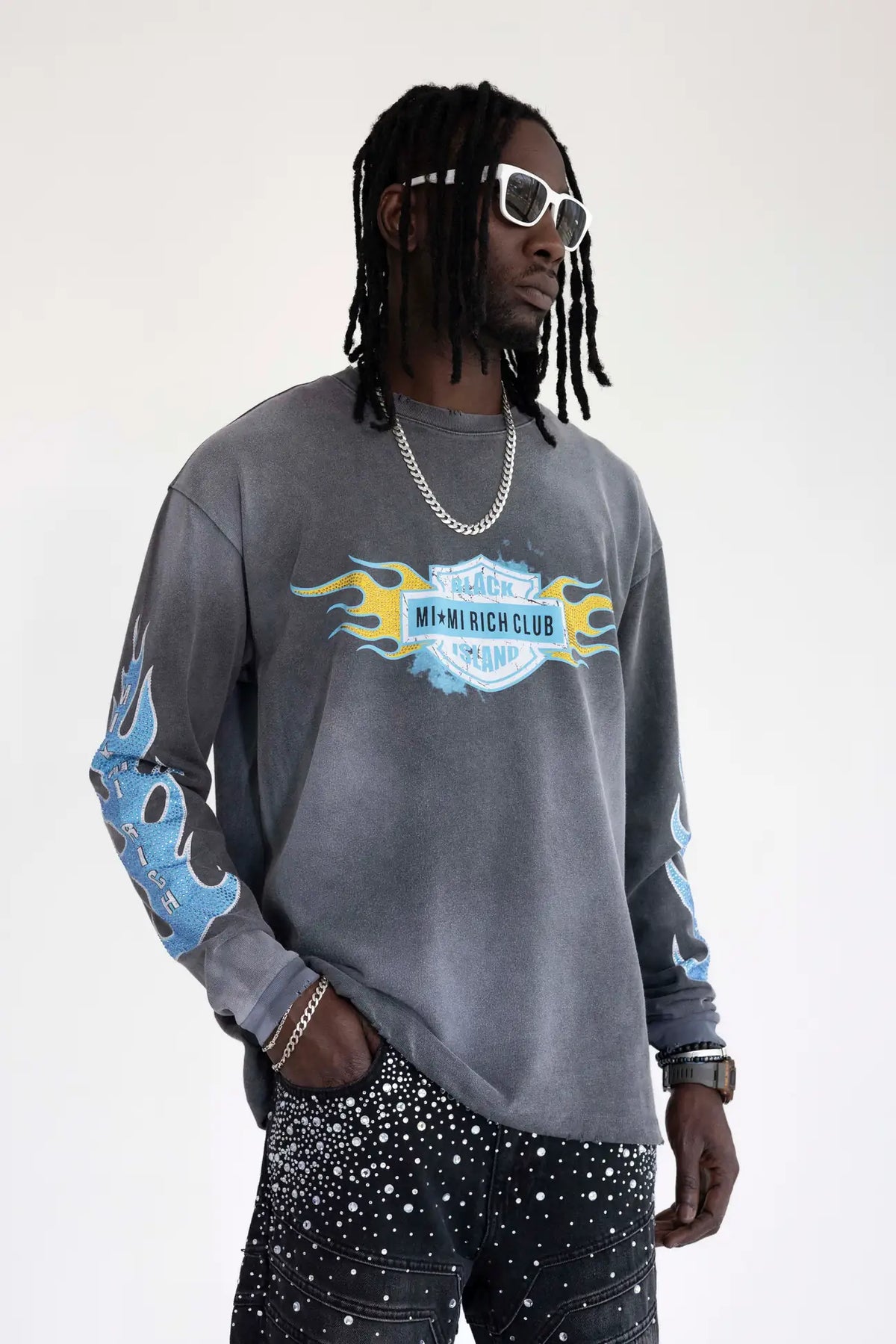 BLACK ISLAND Long Sleeve Racing Stampa con Brillantini Grigia