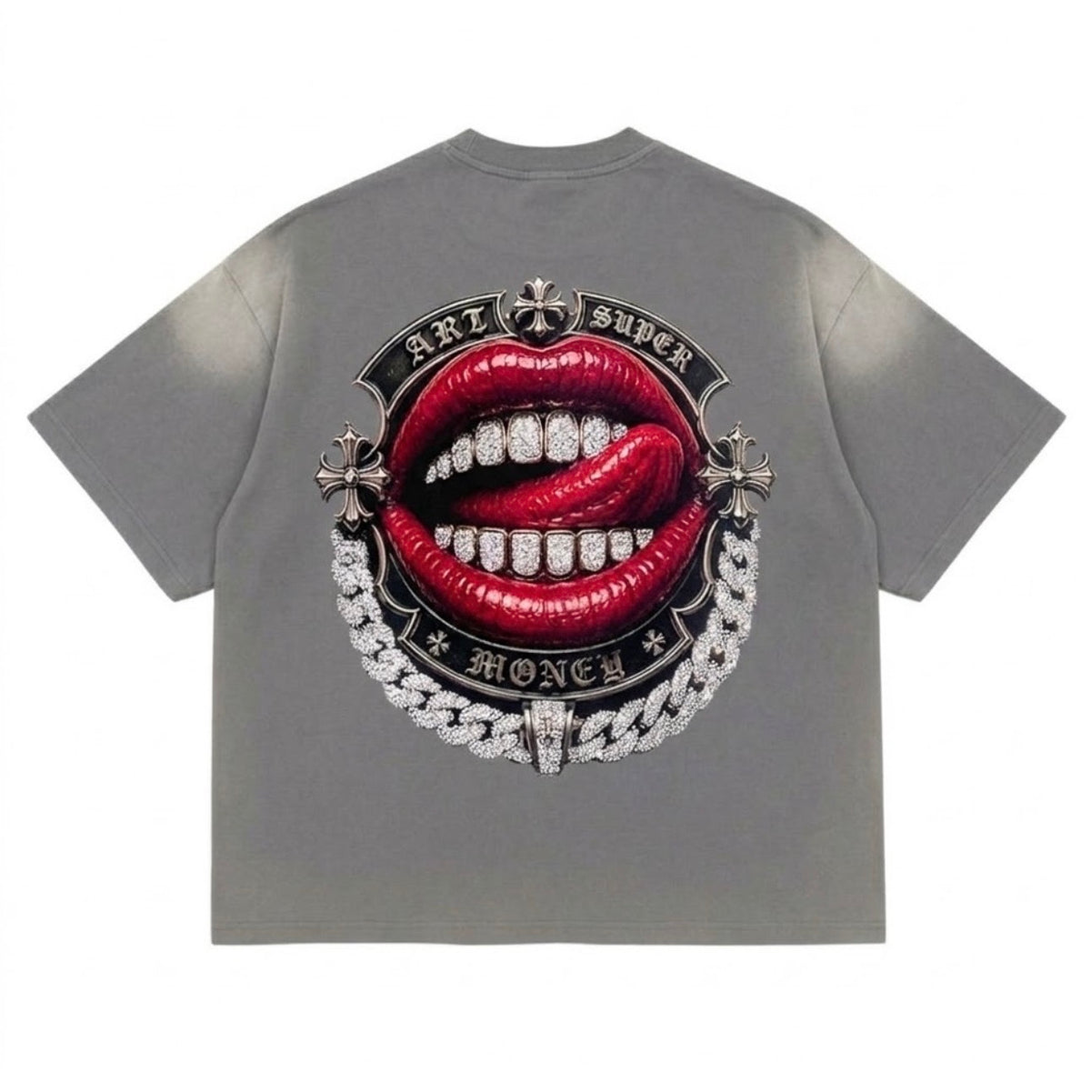 ART SUPER MONEY T-Shirt T-BAR Con Stampa e Strass Retro Iron