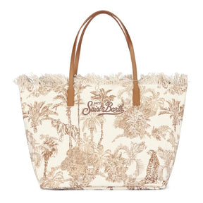 SAINT BARTH BORSA CITY REGULAR IN CANVAS BEIGE DETTAGLI MARRONI CON FRANGE