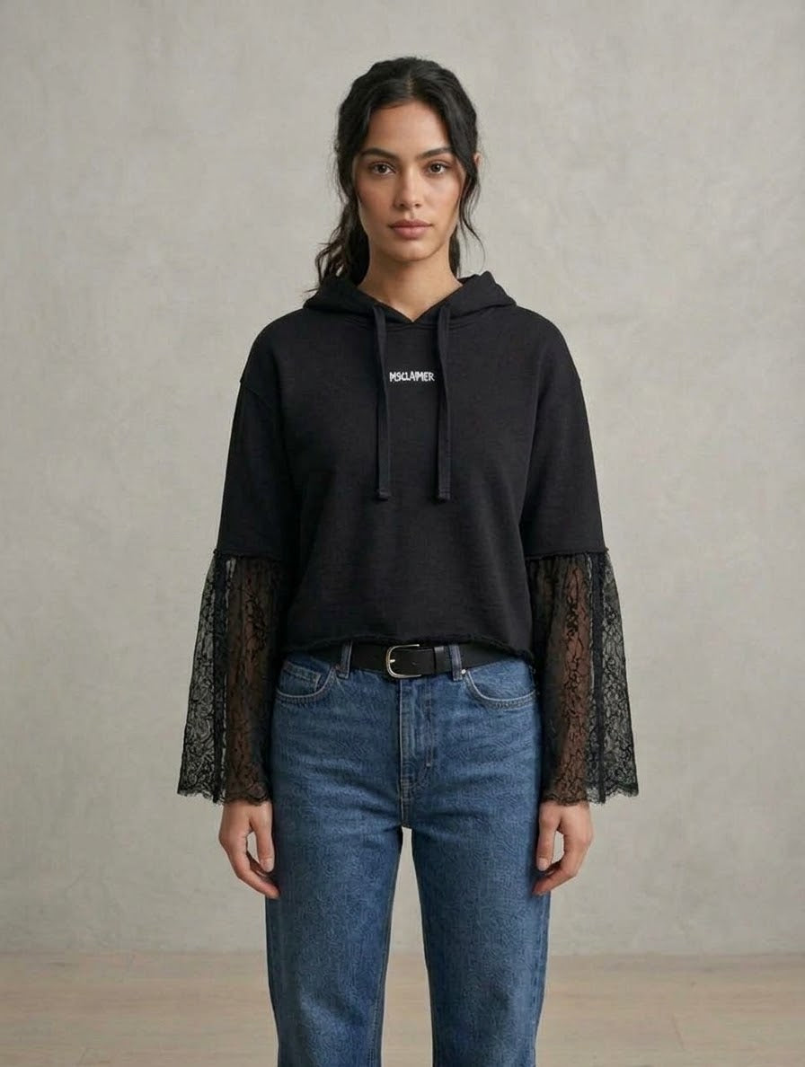 DISCLAIMER Felpa Con Cappuccio Maniche In Pizzo Donna Nero