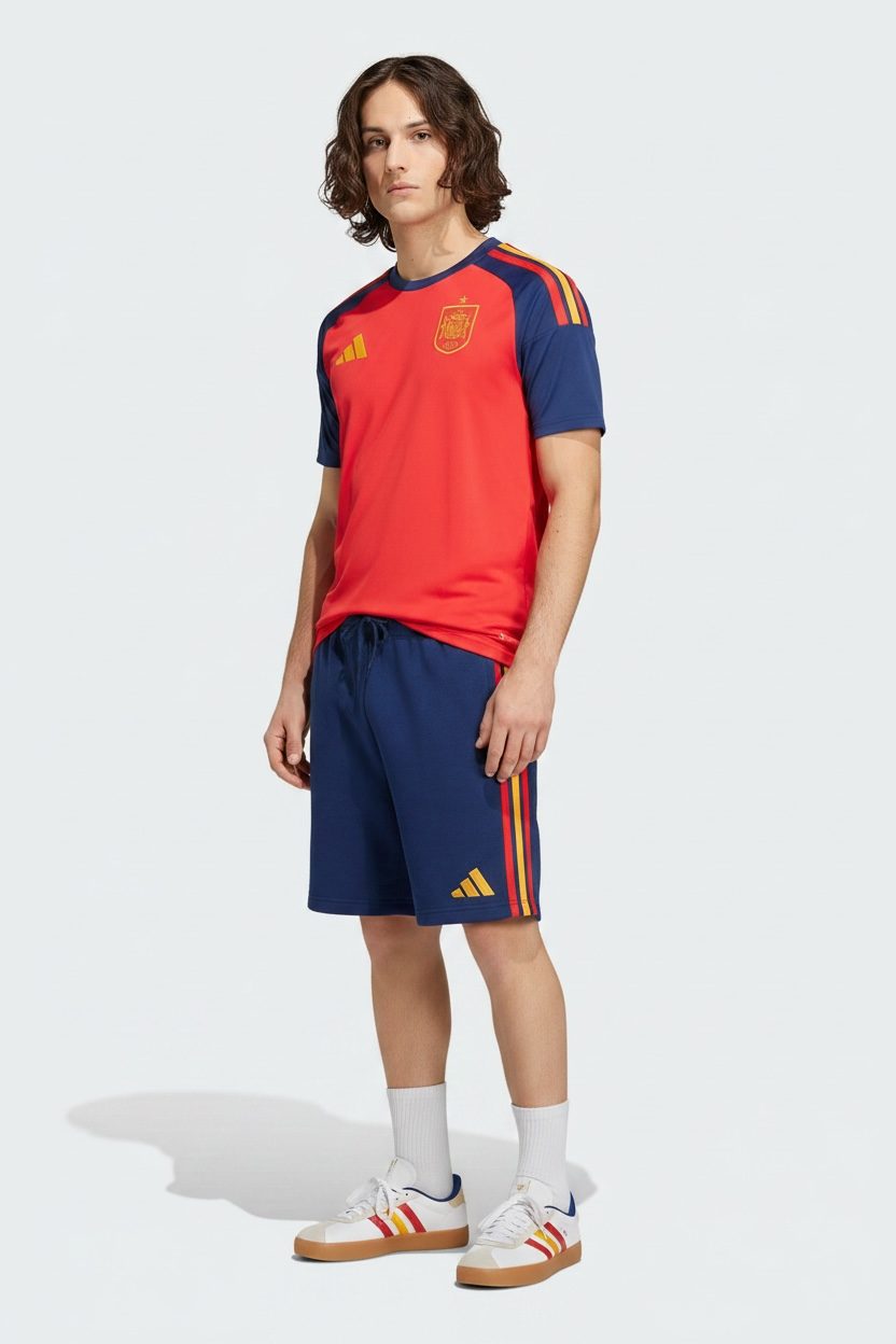 ADIDAS Completino SPAGNA T-Shirt Rossa e Pantaloncino Blu Strisce Gialle/Rosse