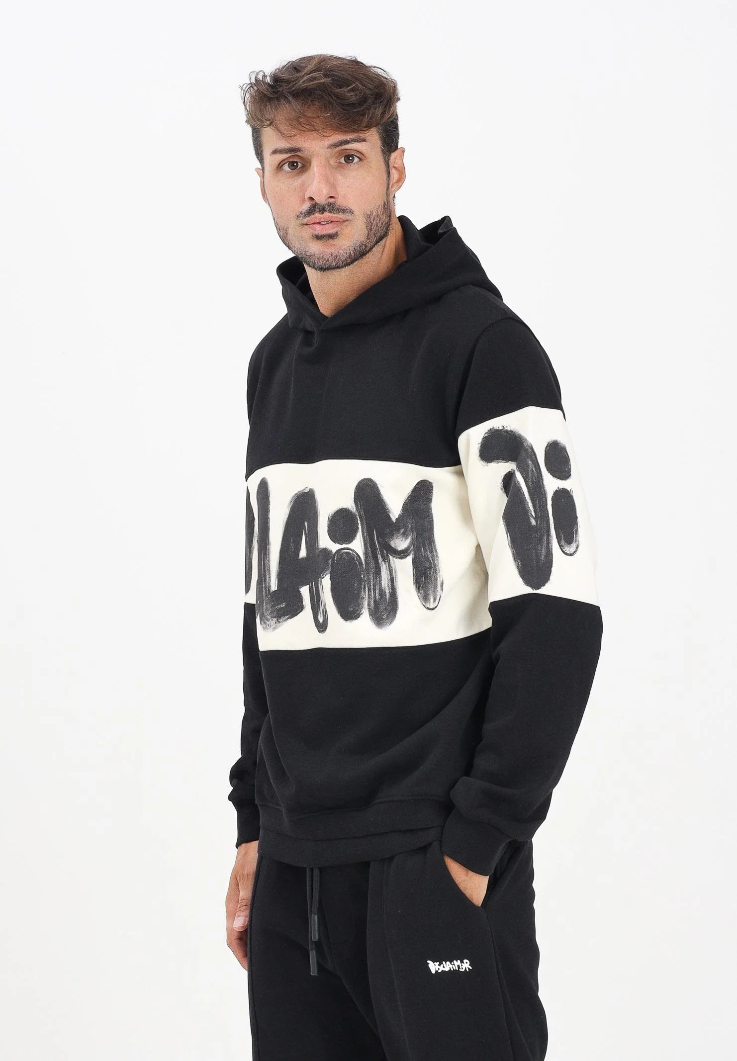 DISCLAIMER Felpa Con Cappuccio Logo Centrale Nera e Panna