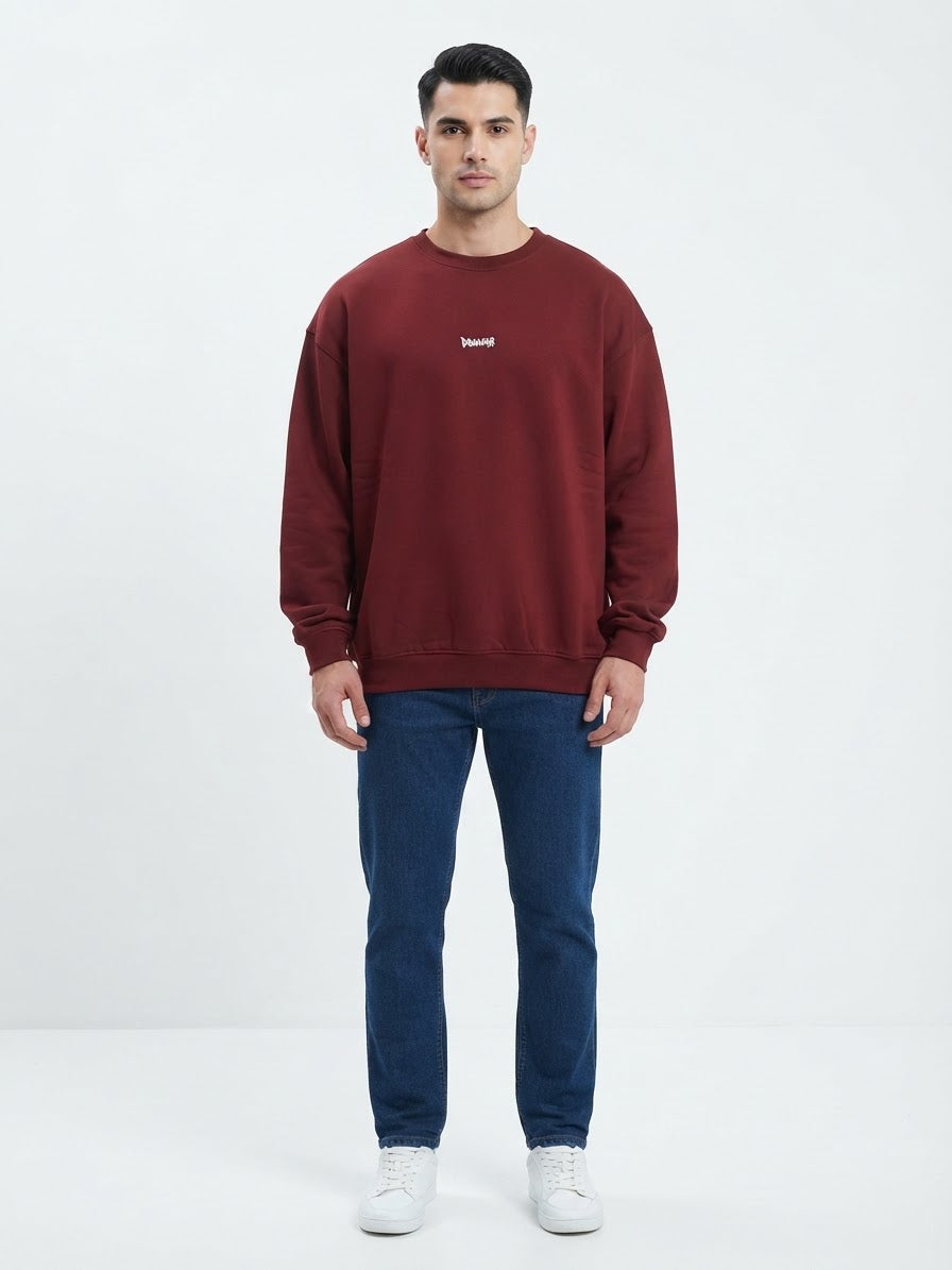 DISCLAIMER Felpa Girocollo Bordeaux Logo Frontale Minimal Bianco e Logo Grande Retro