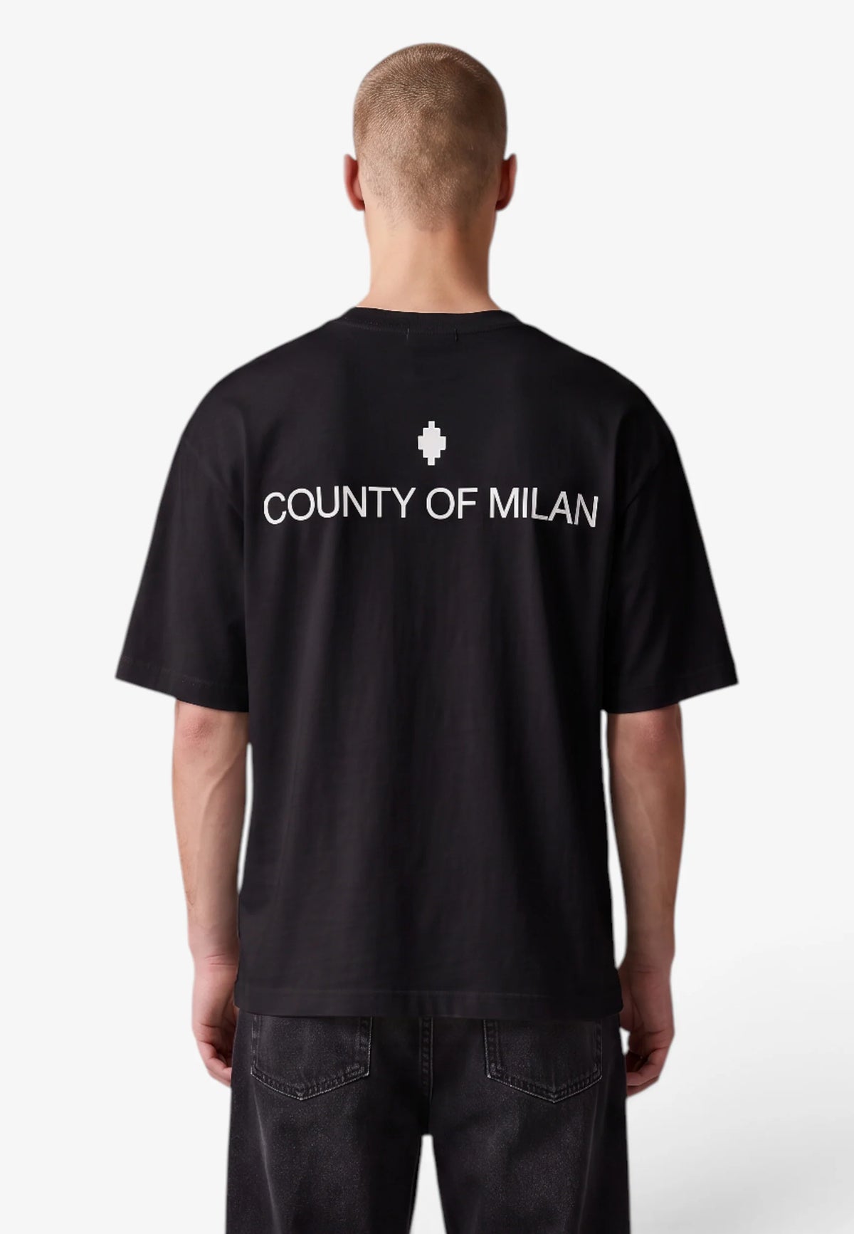 COUNTY OF MILAN T-Shirt Nera Marcelo Burlon Logo Ricamato e Stampa Retro