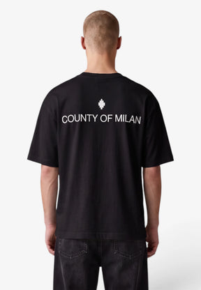 COUNTY OF MILAN T-Shirt Nera Marcelo Burlon Logo Ricamato e Stampa Retro