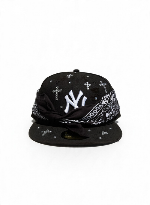 NEW ERA CUSTOM Cappello Visiera Piatta Regolabile Personalizzato Con Strass e Bandana Nero