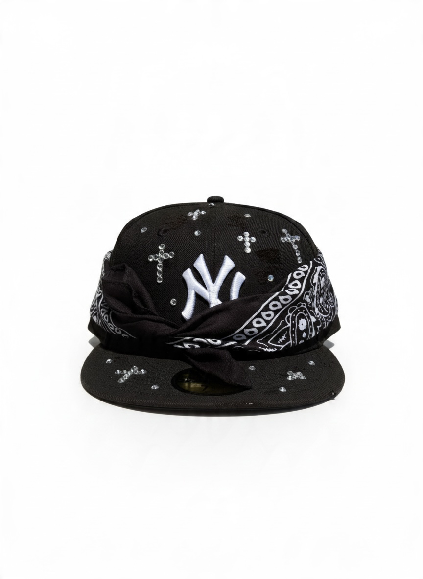 NEW ERA CUSTOM Cappello Visiera Piatta Regolabile Personalizzato Con Strass e Bandana Nero