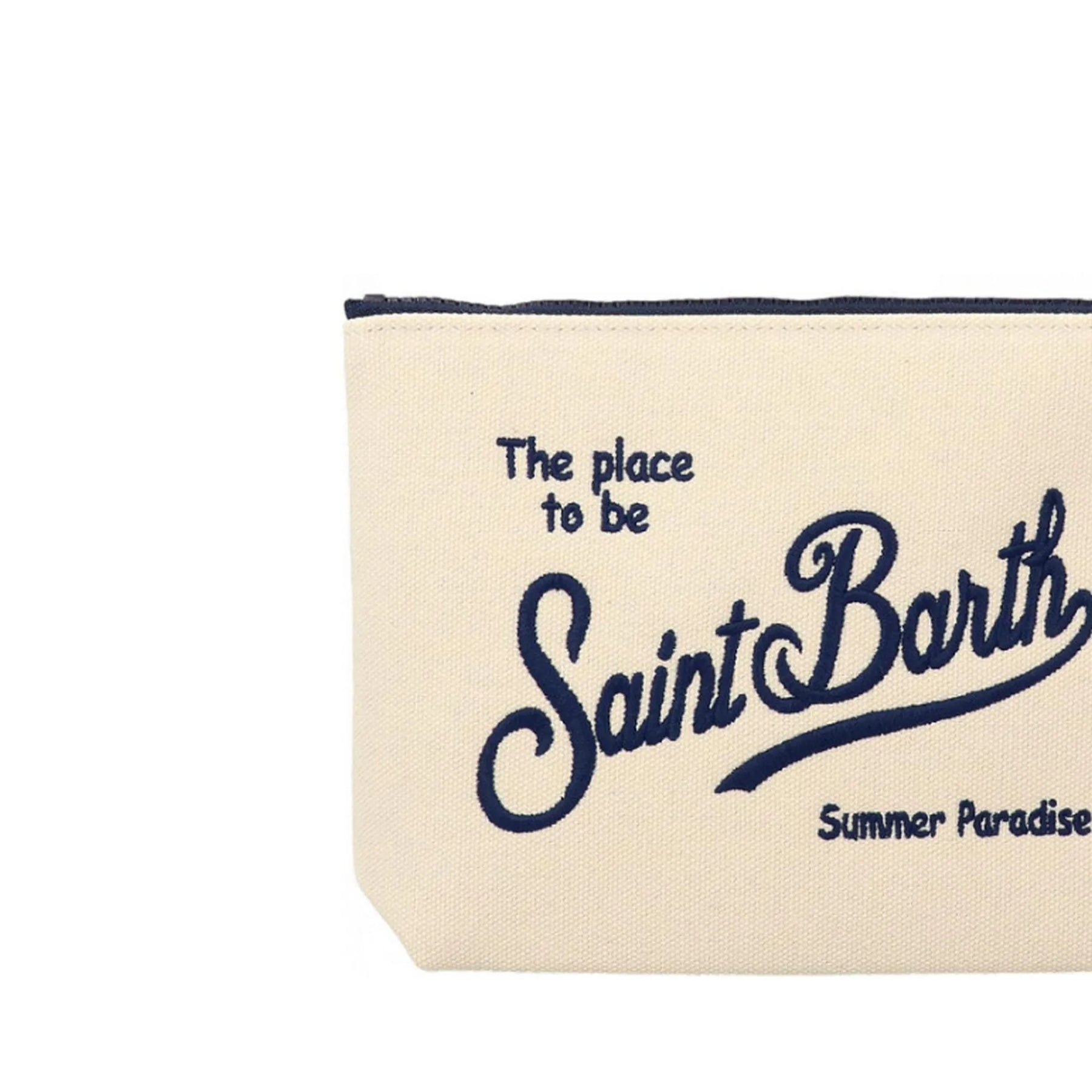 SAINT BARTH Pochette Aline Canvas Beige Logo Ricamato Blu