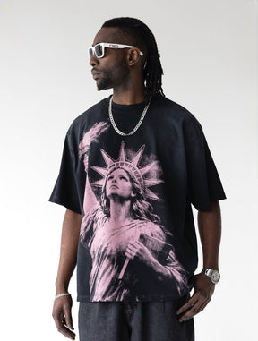 BLACK ISLAND T-Shirt In Cotone Nera Stampa Statua Della Libertà Brillantini Rosa