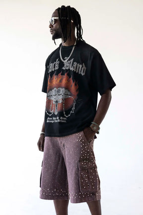 BLACK ISLAND T-Shirt In Cotone Sfumata Con Stampa Bocca In Fiamme e Brillantini Nera