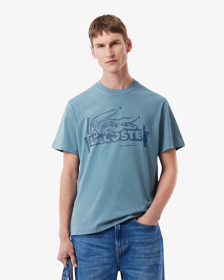 LACOSTE T-Shirt Con Stampa Azzurra
