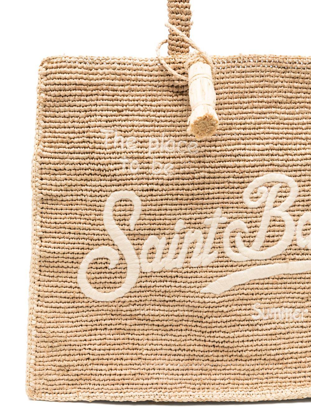 SAINT BARTH Borsa a spalla Vanity Rafia beige con logo bianco