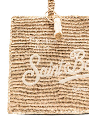 SAINT BARTH Borsa a spalla Vanity Rafia beige con logo bianco