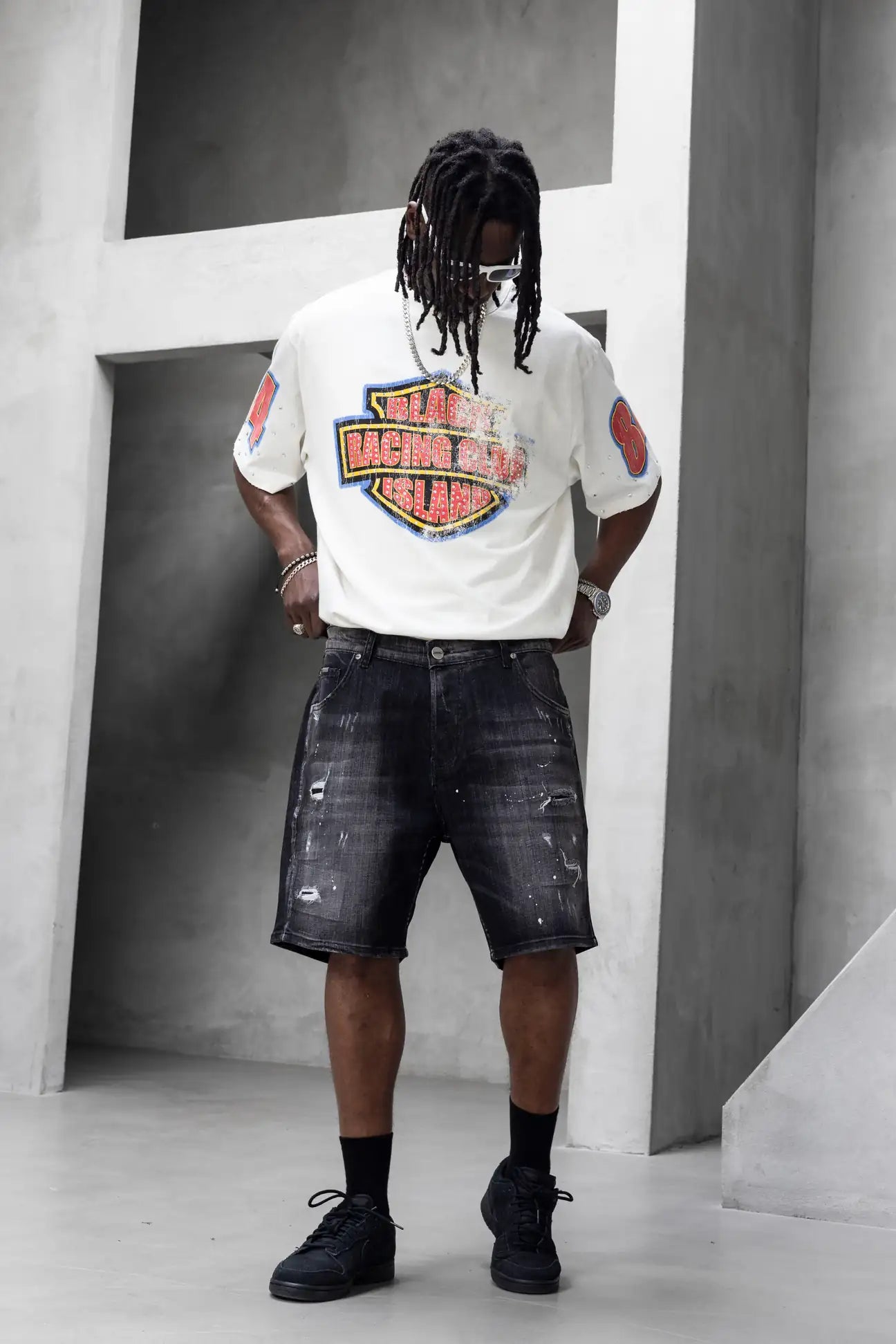 BLACK ISLAND T-Shirt In Cotone Sfumata Cropped Con Stampa Racing e Brillantini Fronte e Retro Bianco