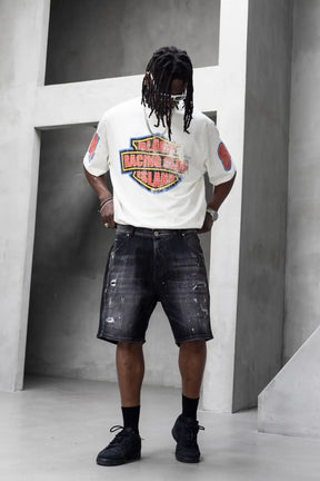 BLACK ISLAND T-Shirt In Cotone Sfumata Cropped Con Stampa Racing e Brillantini Fronte e Retro Bianco